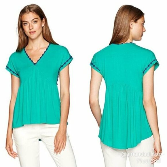 Nanette Lepore Teal Green Short Sleeve Flowy V-Neck yarn trim Blouse size L - Picture 16 of 16